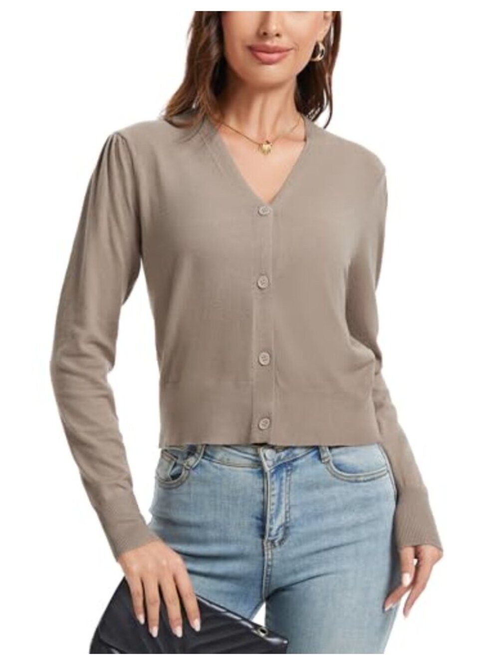 Women's V-Neck Button Long Sleeve Cropped Cardigan Lightweight Knit Sweater